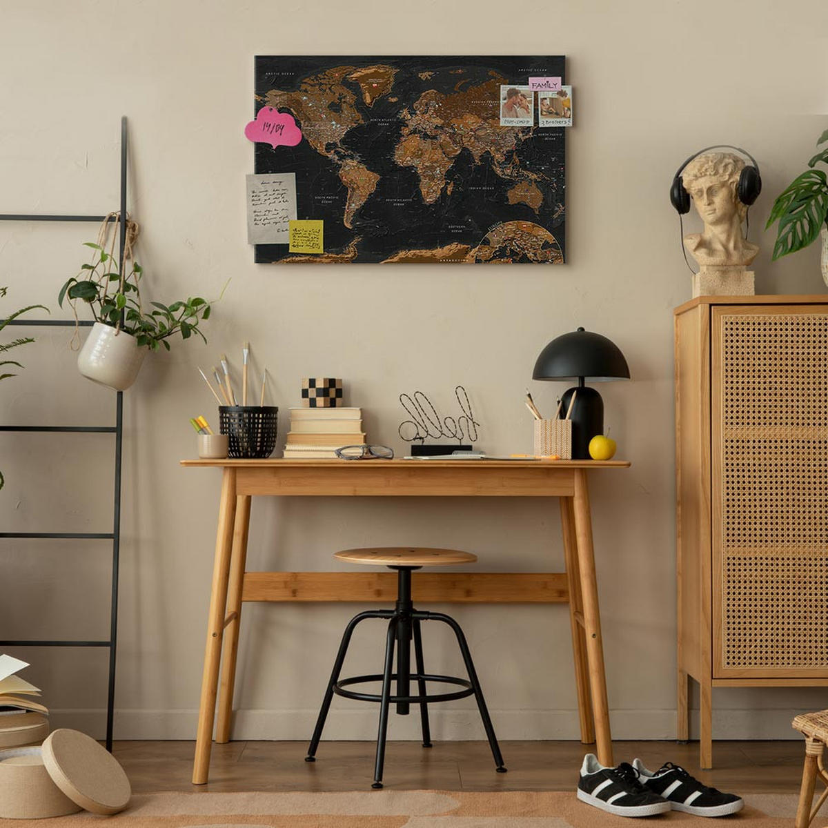 PINNWANDTAFEL Vintage Weltkarte Schwarz Braun 90x60 cm - Schwarz, Holz (90/60cm) - artgeist