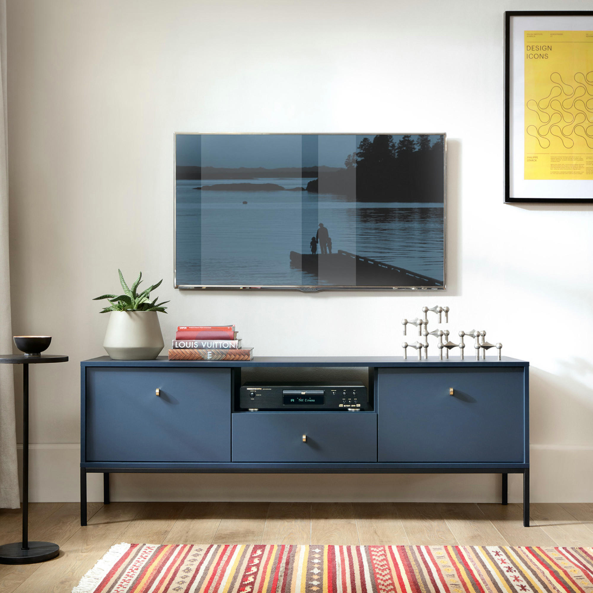 LOWBOARD TV MONCTON RTV1-2D1S Metalgriffe, Dunkelblau - Dunkelblau, Holzwerkstoff/Kunststoff (154/56/39cm) - Komodee