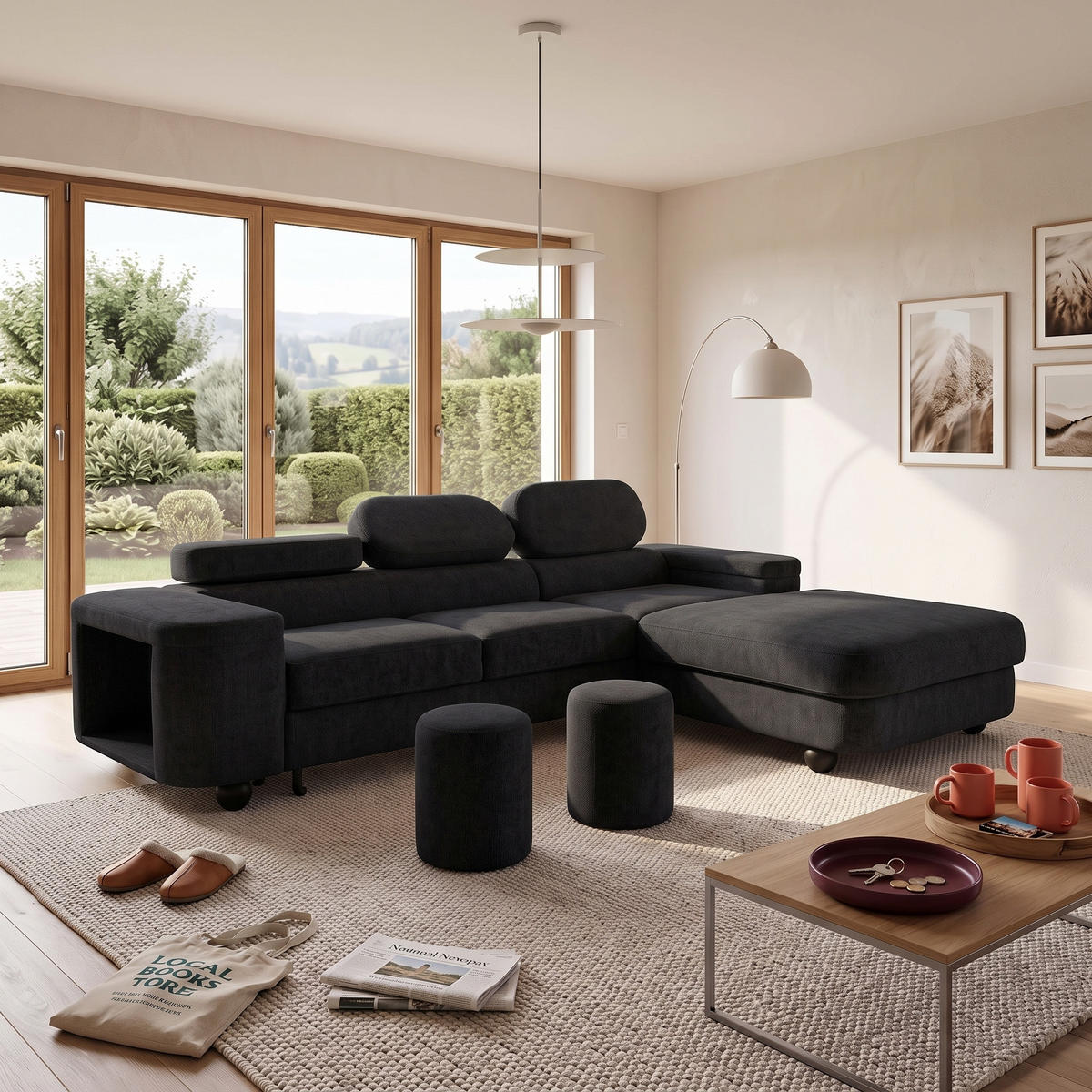 ECKSOFA LOVE L Rechts mit Schlaffunktion 124x210 Chenille Schwarz - Schwarz, Holz/Textil (205/284cm) - Muffo
