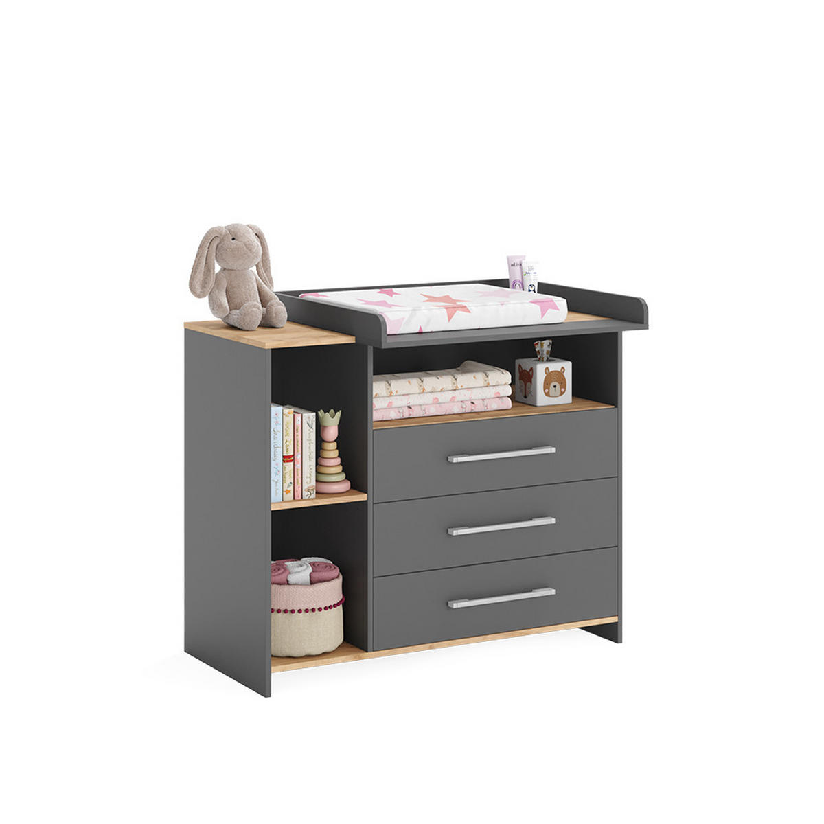 WICKELKOMMODE Oskar Anthrazit/Goldkraft Eiche 113 x 93 cm mit 3 Schubladen - Eichefarben/Anthrazit, Holzwerkstoff (113/93/53.1cm) - Vicco