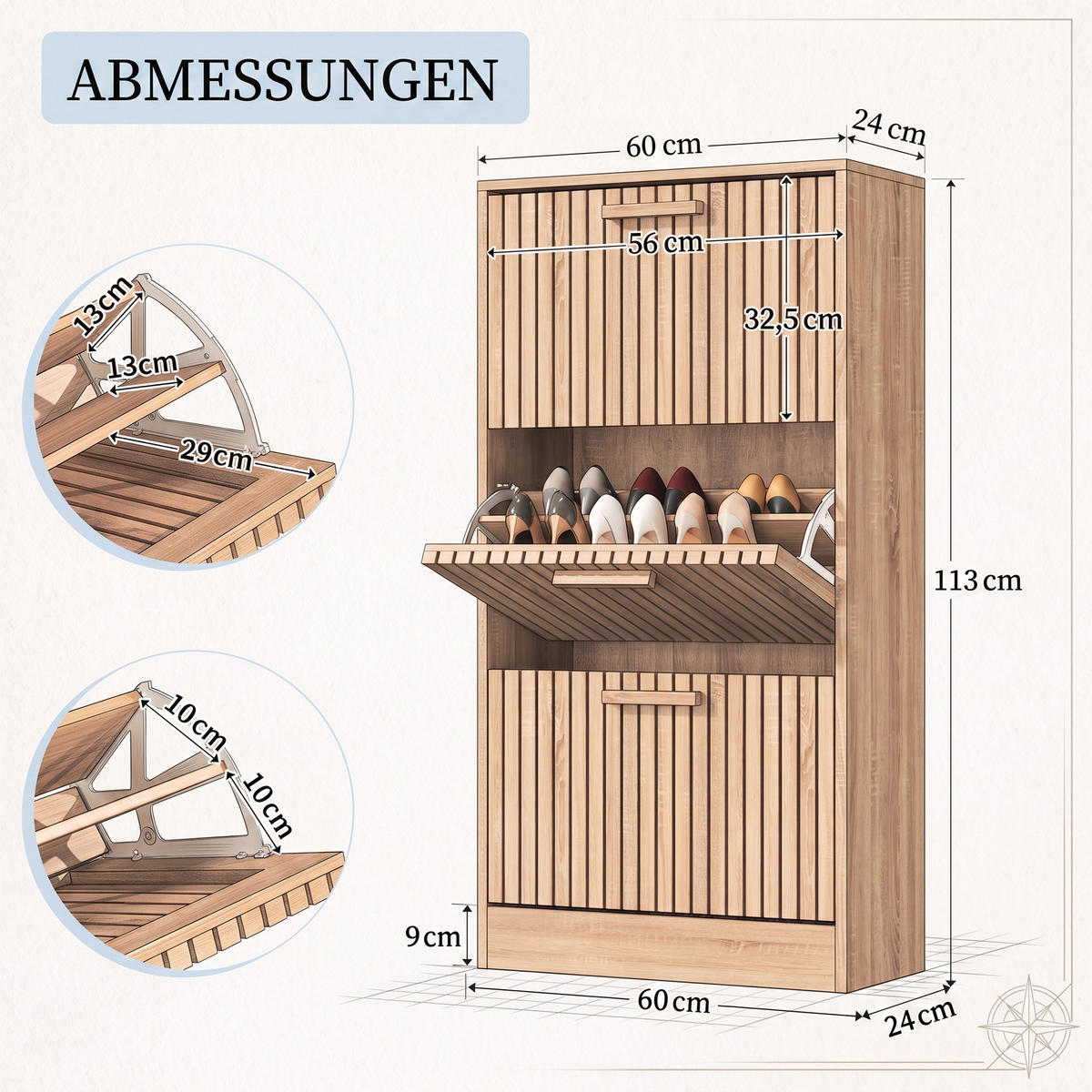 RATTAN-SCHUHSCHRANK mit 3 Türen, staub- und schmutzabweisend, Flurmöbel, 60 x 24 x 113 cm - Hellbraun, Holzwerkstoff/Metall (24/113/60cm) - GENKI LIVING