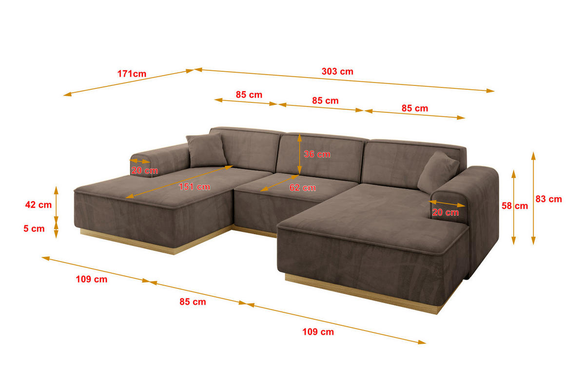 WOHNLANDSCHAFT IREA-U1-v2 - 303x171x83 cm Braun - Braun, Holzwerkstoff/Textil (303/83/171cm) - ALTDECOR