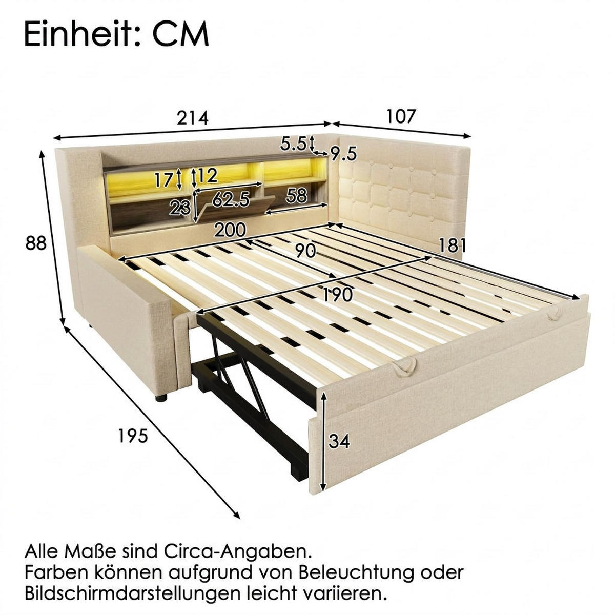 POLSTERBETT 90/200 cm Beige mit Ausziehbett 90/190 cm LED-Beleuchtung und Stauraum (Ohne Matratze) - Beige, Textil (90/200cm) - Oxeza