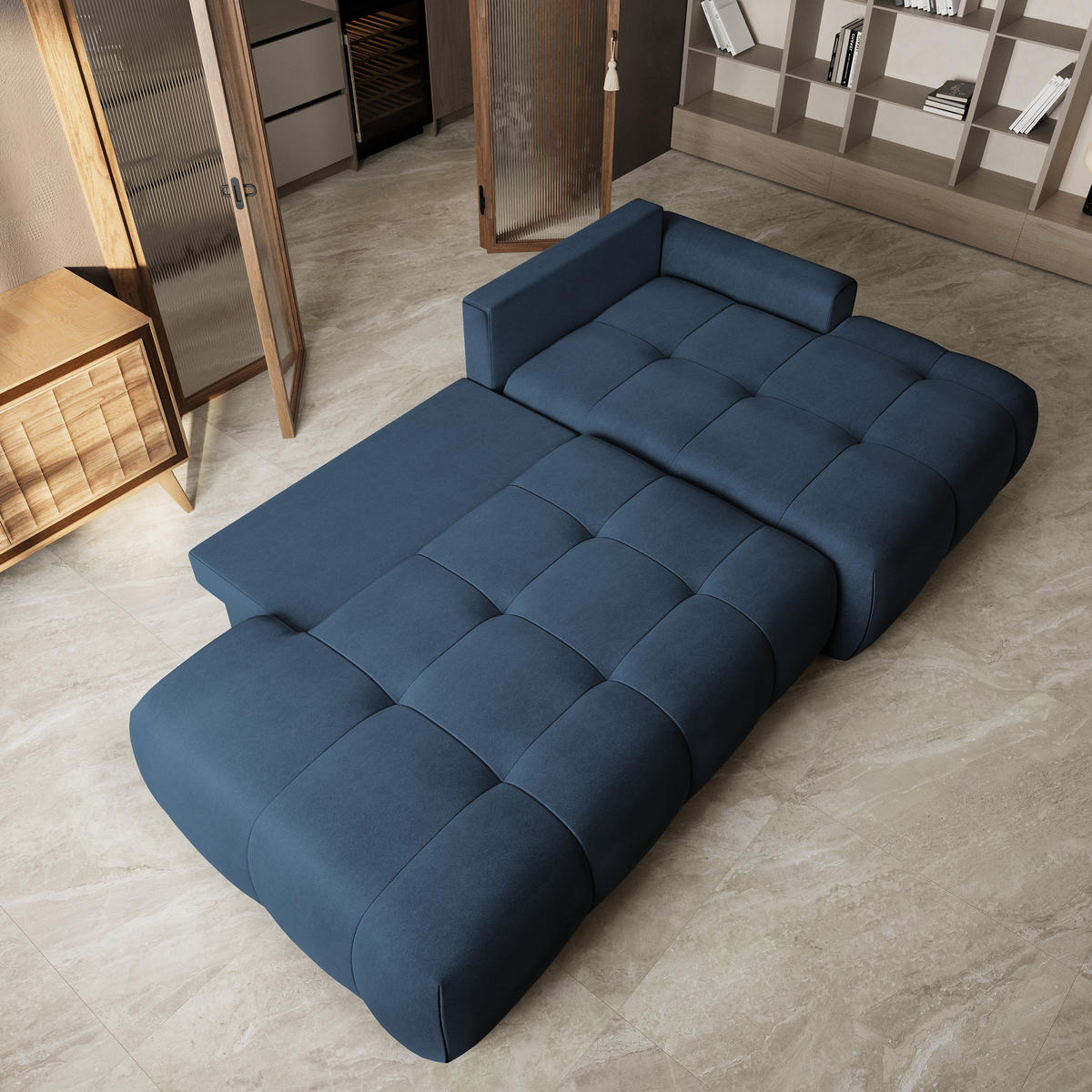 ECKSOFA FLUMA CL R-S Blau Samtstoff mit Schlaffunktion - Blau, Holzwerkstoff/Textil (279/158cm) - MASSENO