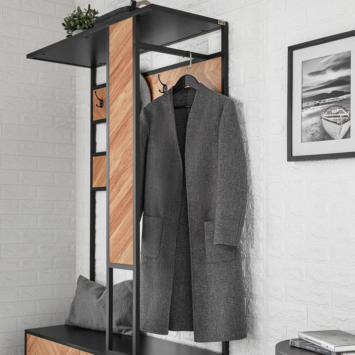 KLEIDERSTÄNDER MIT SITZBANK Vintagebraun-Schwarz - Schwarz/Naturfarben, Holzwerkstoff/Metall (100/180/40cm) - SoBuy