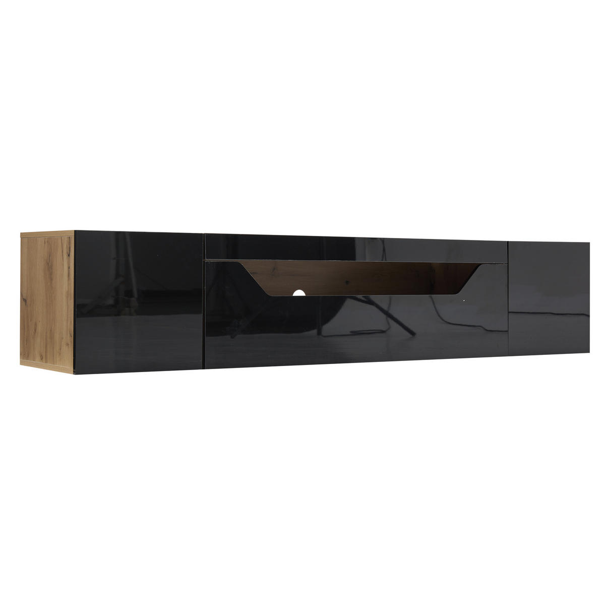 ZÁVĚSNÝ TV stolek 180/37/36 cm s LED osvětlením, vysokým leskem a víceúrovňovým úložištěm, Černá + přírodní dřevo - černá, kompozitní dřevo (180/36/37cm) - Redom