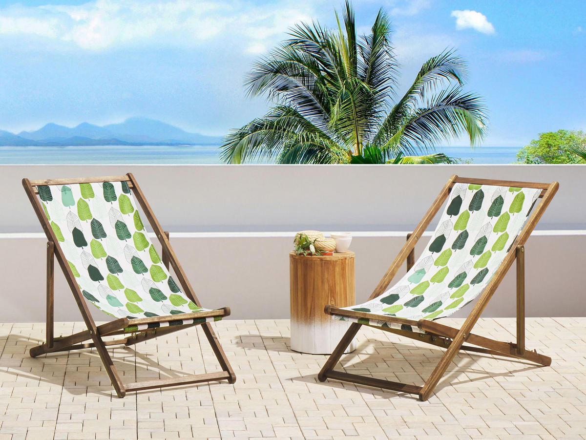 GARTENLIEGE 2er-Set hellbraun Textil grün/weiß Blättermotiv Anzio - Hellbraun/Weiß, Textil (54/70/97cm) - Beliani