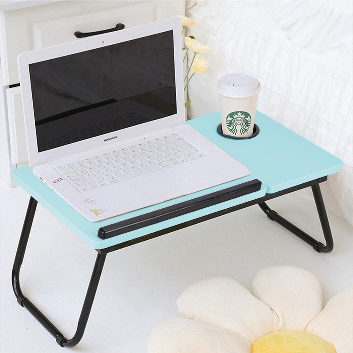 LAPTOP-BETTTISCH mit Getränkehalter Verstellbarer, klappbarer – Blau 5-fach Neigungsverstellung und Becherhalter 56x32,5x24 cm - Blau, Metall (32.5/56/24cm) - Livingandhome