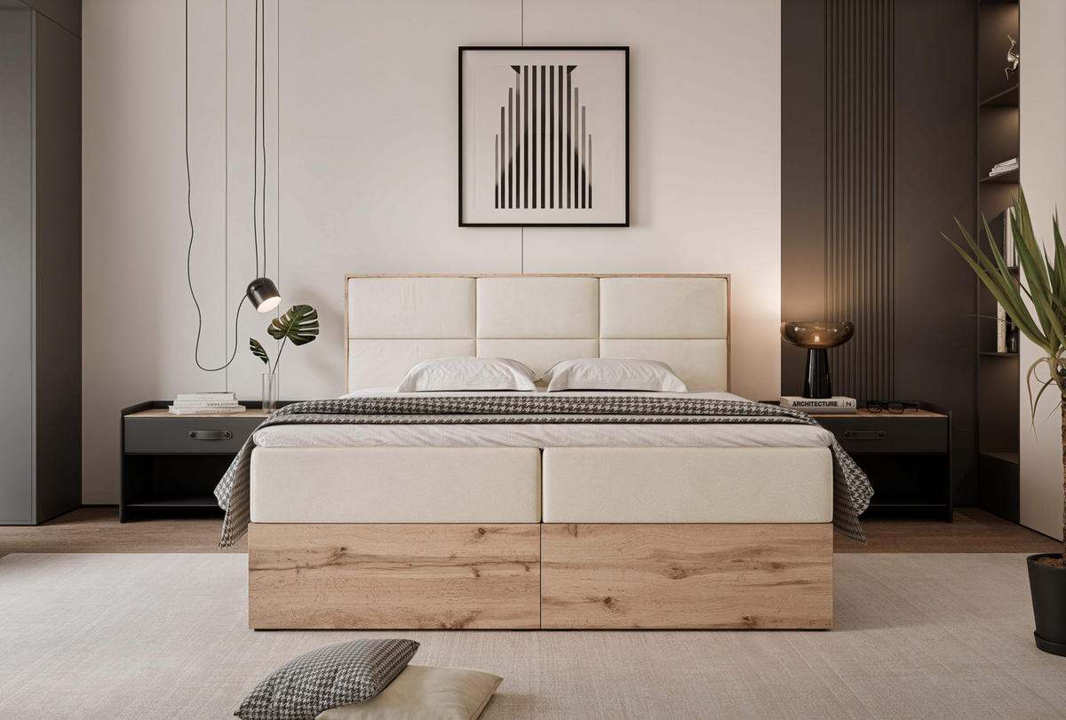 BOXBETT LAVIO 160/200 cm, in Creme, mit Matratze und Topper - Creme, Holzwerkstoff/Textil (160/200cm) - Idohome