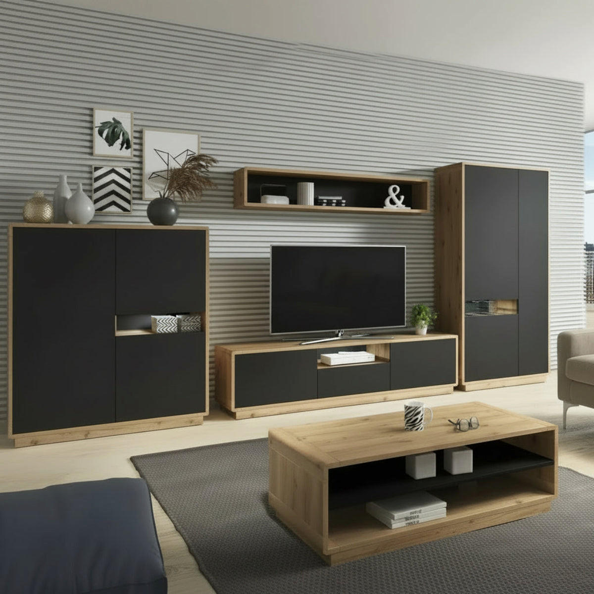 TV-MÖBEL Raven Mattschwarz und Holz - Schwarz, Holzwerkstoff (200/45/40cm) - Petits-meubles