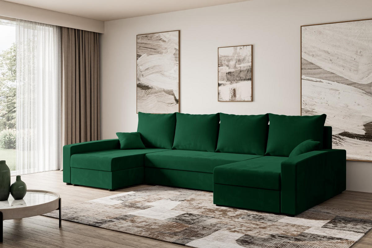 WOHNLANDSCHAFT mit Schlaffunktion und Bettkasten ALESIA-U 301x140x90 cm Grün Velours - Silberfarben/Grün, Holzwerkstoff/Kunststoff (301/90/140cm) - ALTDECOR