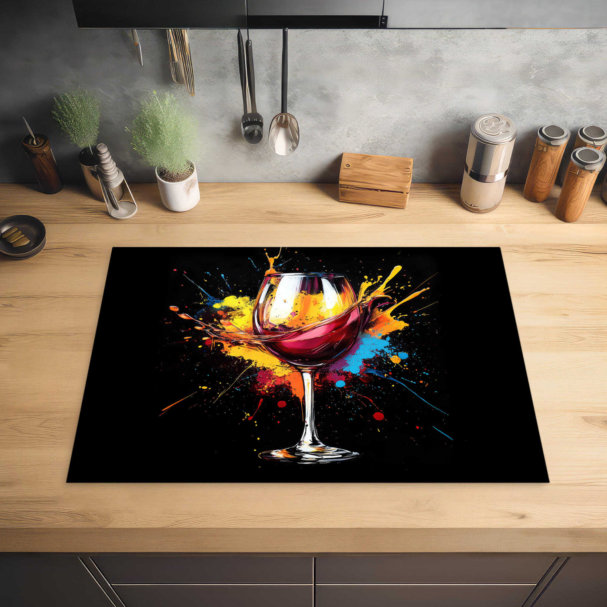 HERDABDECKPLATTE Wein - Glas - Graffiti - Getränk - Rot - Farbe 75x52 cm - Weinrot, Kunststoff (75/0.2/52cm) - MuchoWow