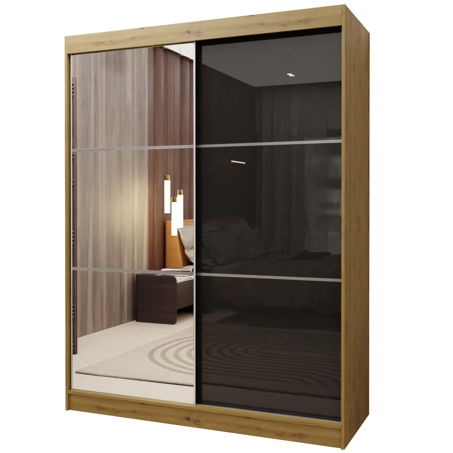 SCHWEBETÜRENSCHRANK VITALE 160/216/61 cm 2-türig mit Spiegel Eiche Artisan - Schwarz/Eiche Artisan, Holzwerkstoff (160/216/61cm) - MASSENO