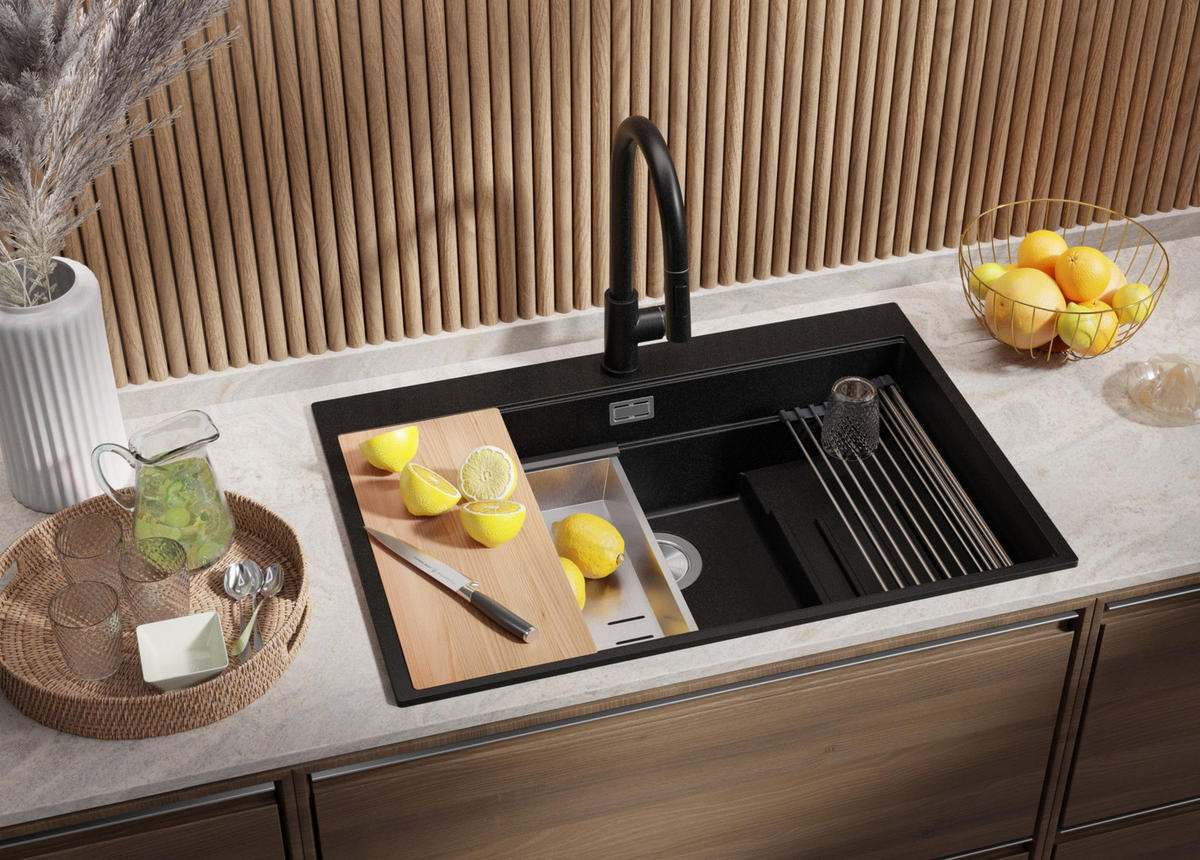 GRANITSPÜLE Oslo Max, 2-er set Schwarz 78/53 cm 1 Becken + Küchenarmatur 40/38 cm + Ablauf-Set + Küchenzubehörset ab 80er Unterschrank - Chromfarben/Beige, Kunststoff (78/20/53cm) - Primagran