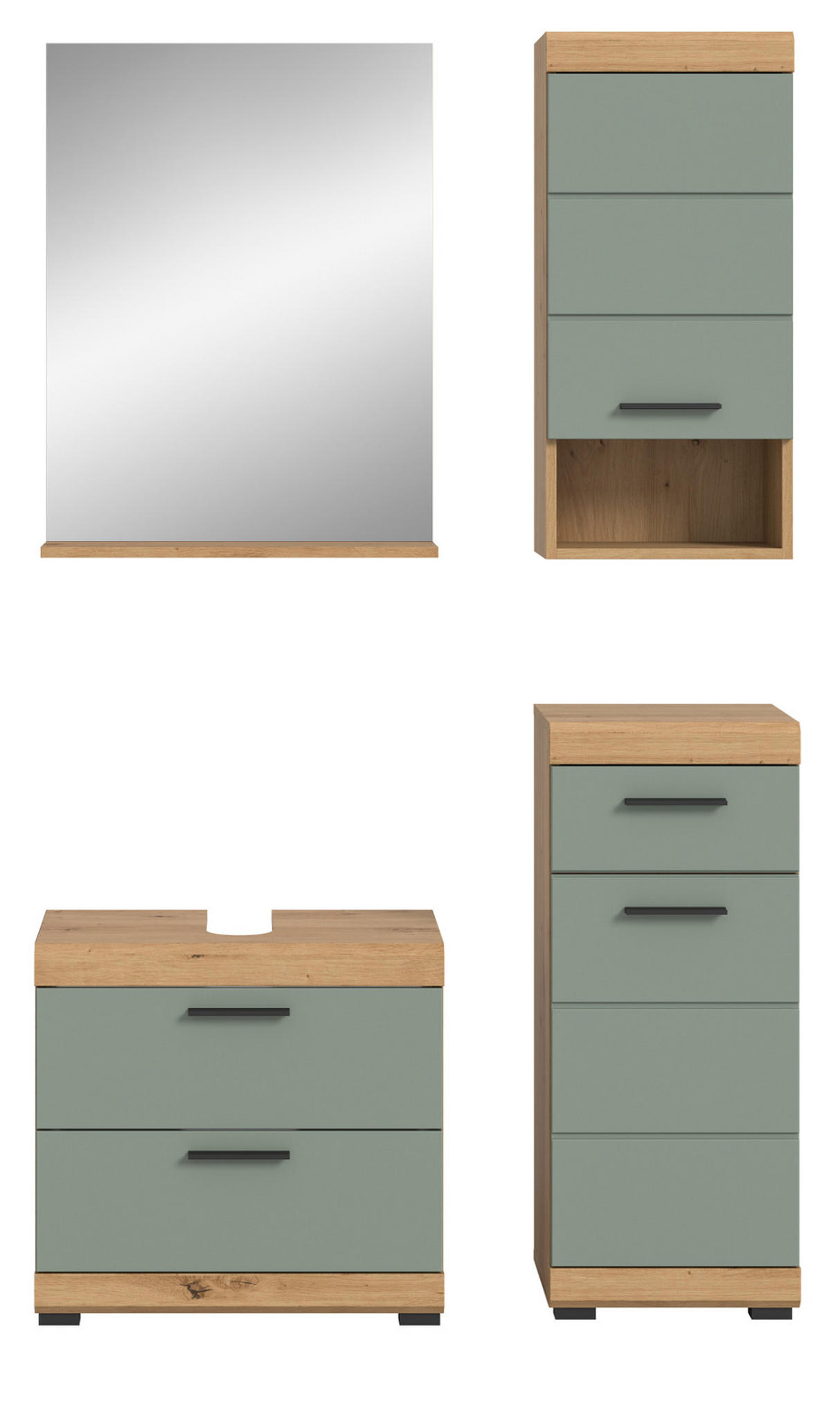 BADMÖBEL-SET Salbei grün, Eiche Artisan 4-teilig 112 cm, Komplettset mit viel Stauraum - Salbeigrün/Schwarz, Glas/Holzwerkstoff (112/191/37cm) - Inn.Furn