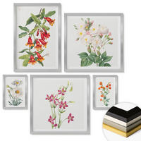 WANDBILDER 5er Set - 50x50 cm & 20x30 cm & 40x60 cm Silberner Rahmen - Retro-Blumenmalerei - Silberfarben, Kunststoff (40/60cm) - ArtPrintCave
