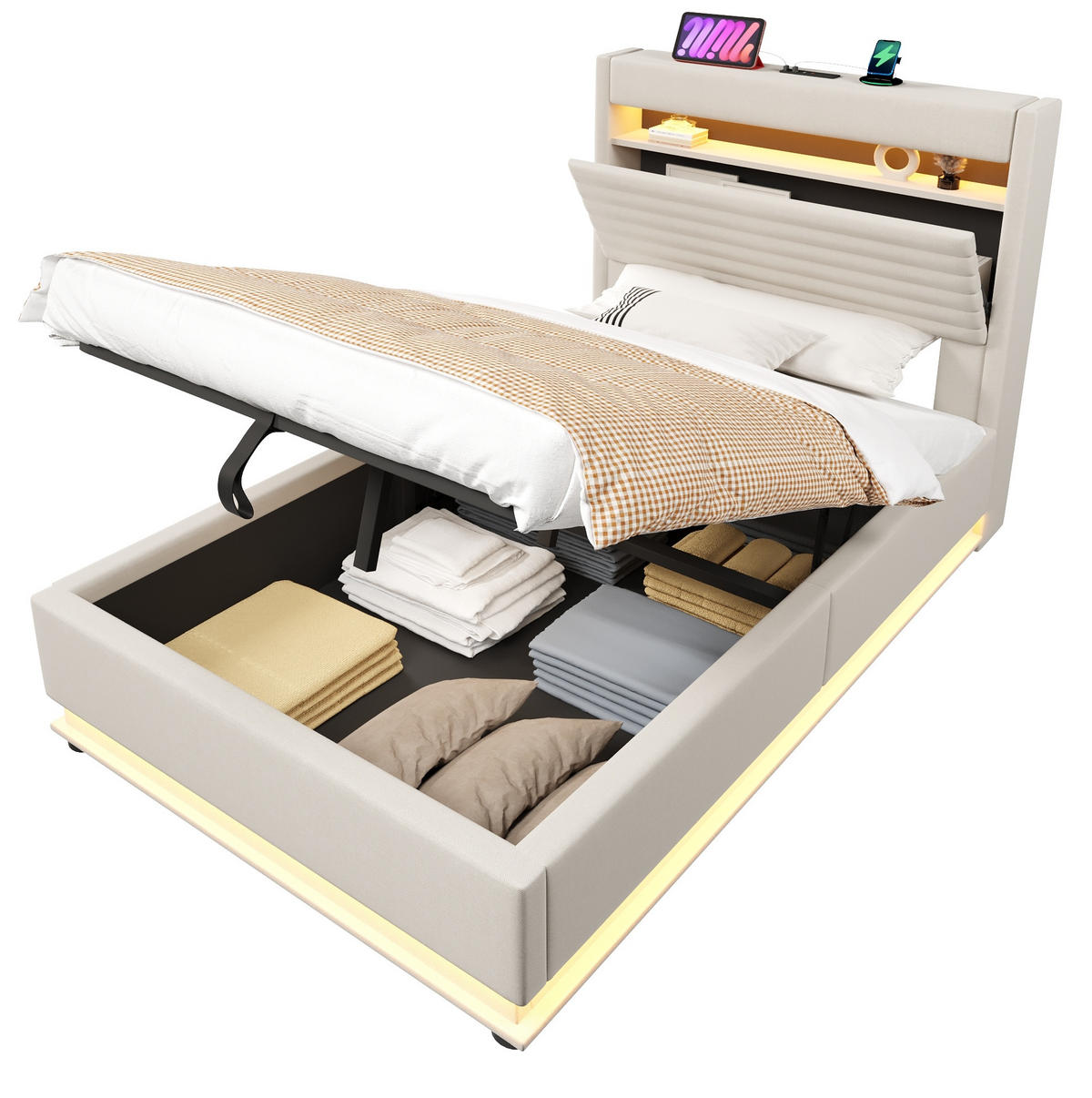 POLSTERBETT mit Stauraum 90x200 cm Leinen Beige - Beige, Metall (90/200cm) - Meubliv