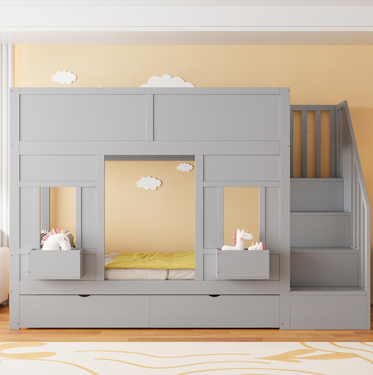 ETAGENBETT 90/200 cm mit Stauraumtreppe, Schubladen und Fensterdesign,Grau - Grau, Holzwerkstoff (90/200cm) - Redom