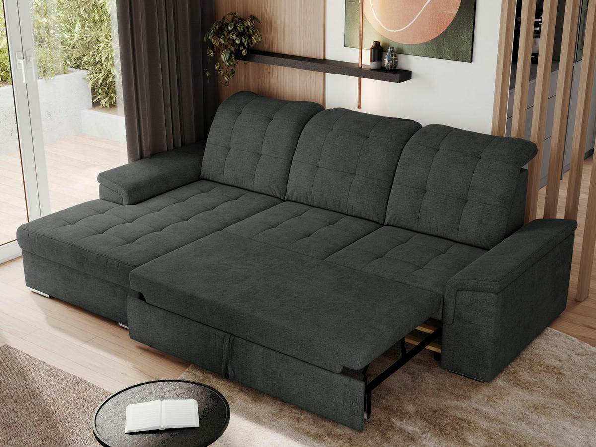 ECKSOFA MADRITO L - Dunkelgrau Struktur - Links - Dunkelgrau/Silberfarben, Textil/Metall (160/256cm)
