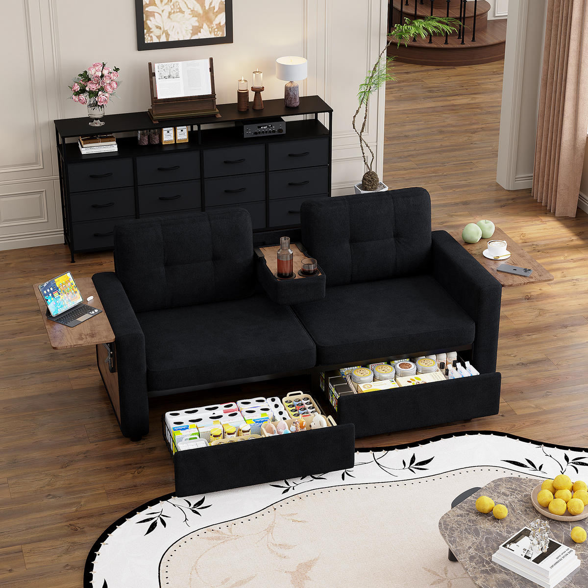 2-SITZER-SOFA mit Laptop-Tisch und Stauraum, DE-42611, Schwarz - Schwarz, Metall (178/57.5/71cm) - ComfortXL