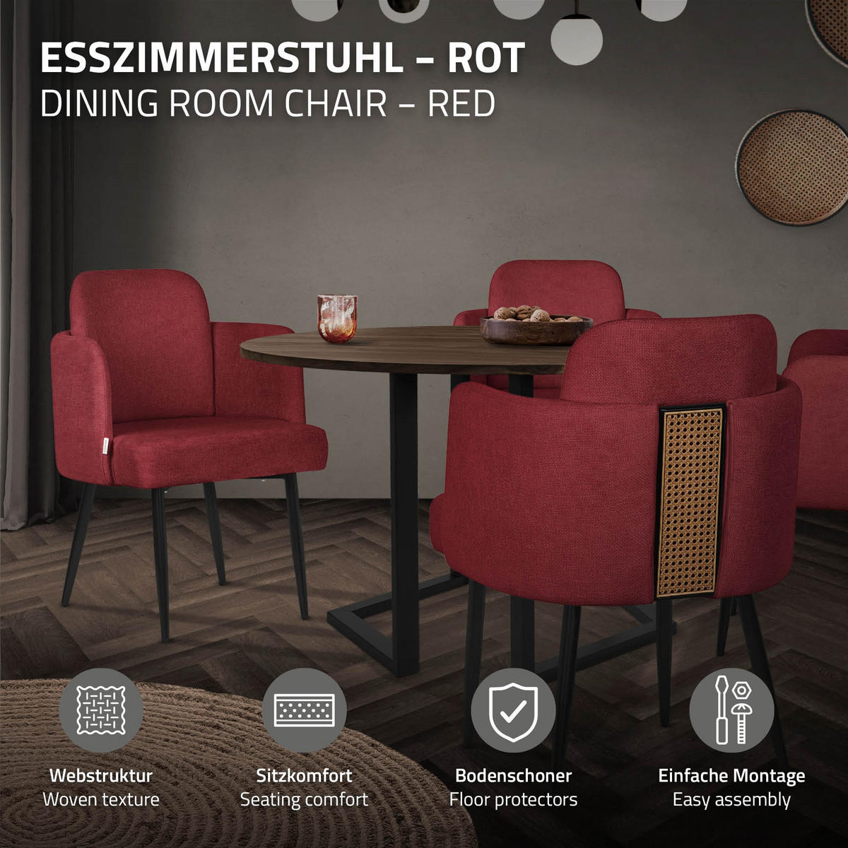 ESSZIMMERSTÜHLE 4er Set Rot mit Stoffbezug Rattan Optik - Rot/Schwarz, Textil/Metall (59/86/59cm) - ML-DESIGN