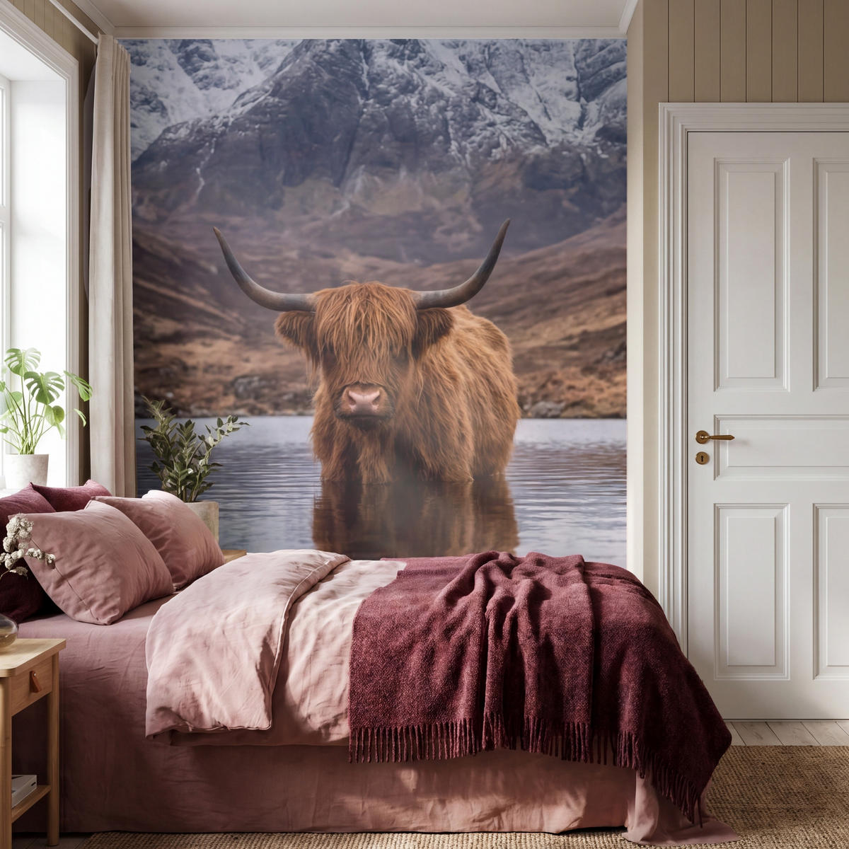 TAPETE - Schottischer Hochländer - Braun - Wasser - 180x220 cm - Braun, Papier (180/220cm) - OnlyWow