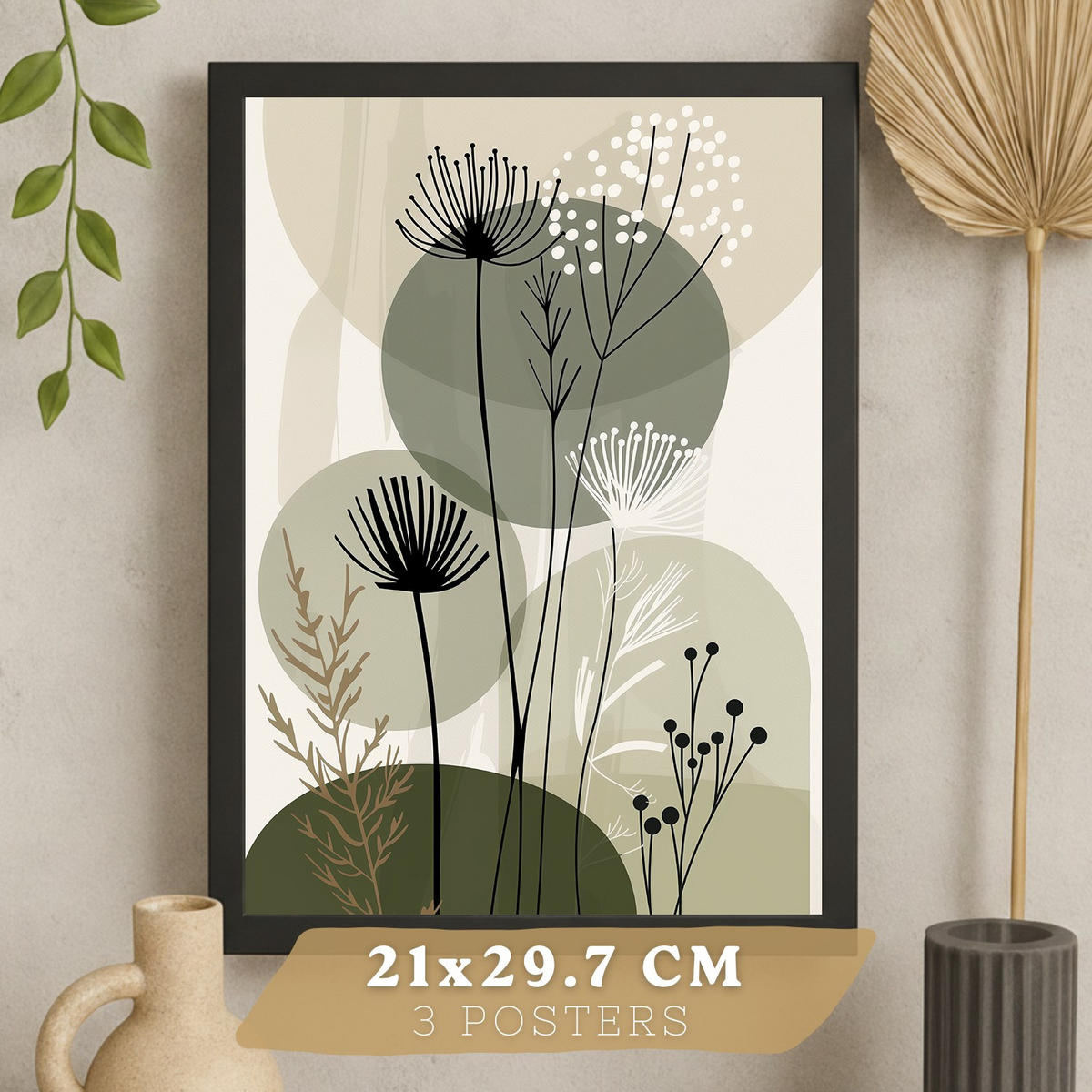 PLAKAT Sada 3 Zelené květy A3 Černý rám - černá, papír (29.7/1/42cm) - Nacnic