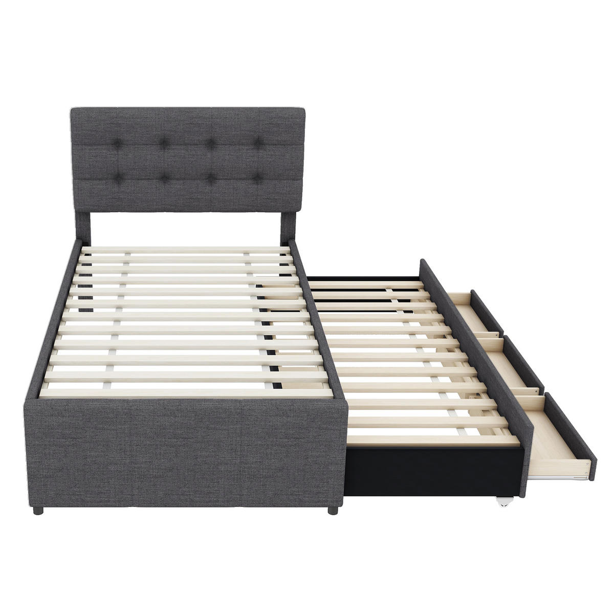 POLSTERBETT 90/200 cm grau mit ausziehbarem Rollbett und höhenverstellbarem Kopfteil - Grau, Textil (90/200cm) - OKWISH