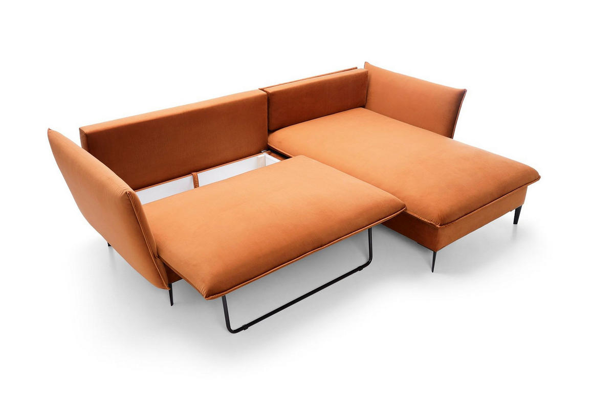 ECKSOFA SOLE Orange Plüsch-Stoff mit Schlaffunktion - Orange, Holz (258/167cm) - MASSENO