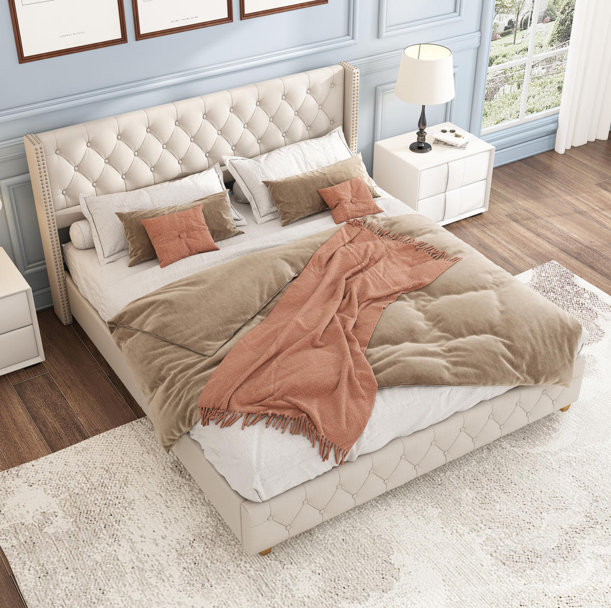 POLSTERBETT 160/200 cm in Beige aus Leinen mit Knopfheftung - Beige, Textil (160/200cm) - Flora Grace