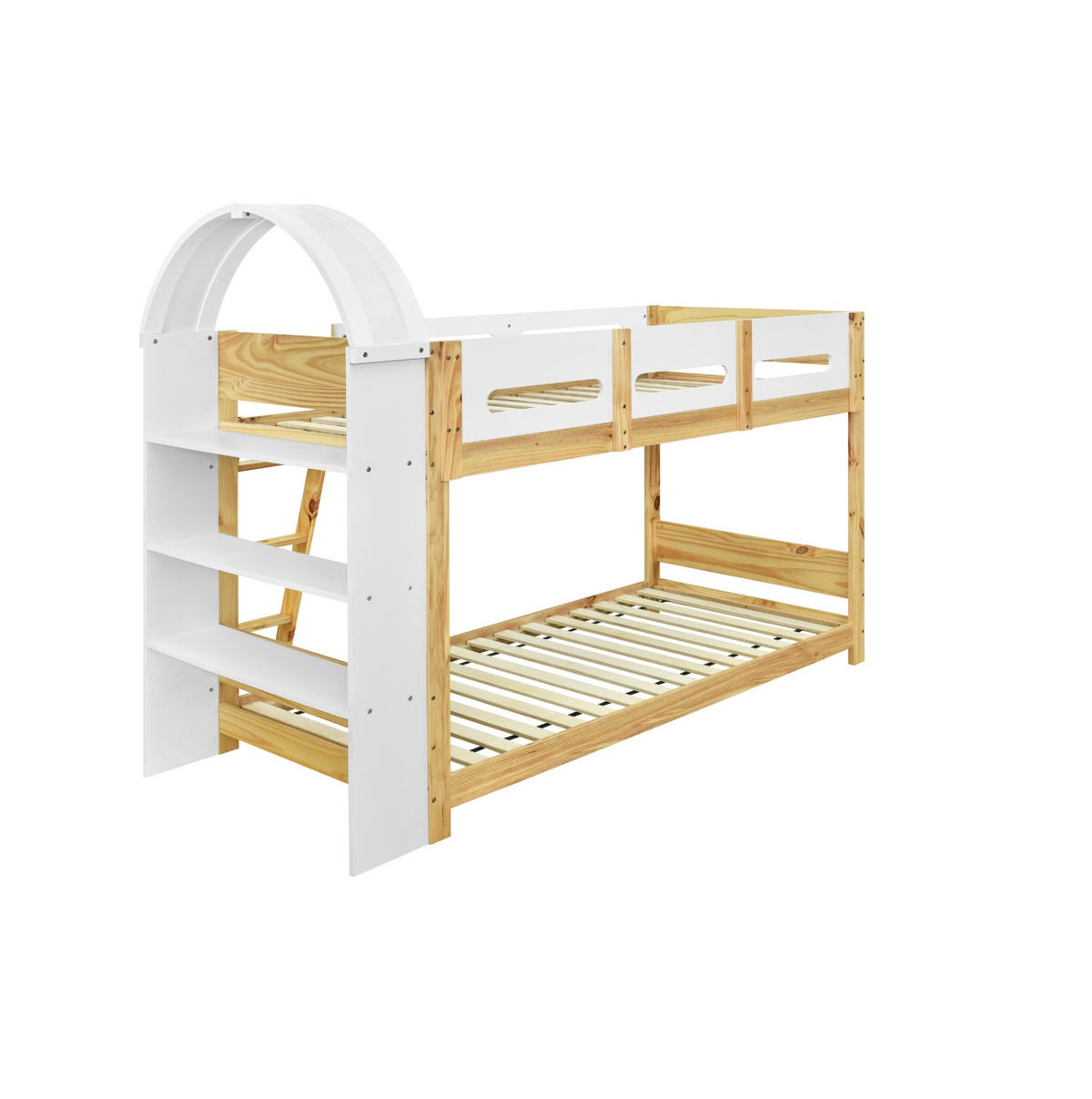 HAUSBETT 90/200 cm Weiß/Natur mit Regal und Bettgitter - Naturfarben, Holzwerkstoff (90/200cm) - Flora Grace
