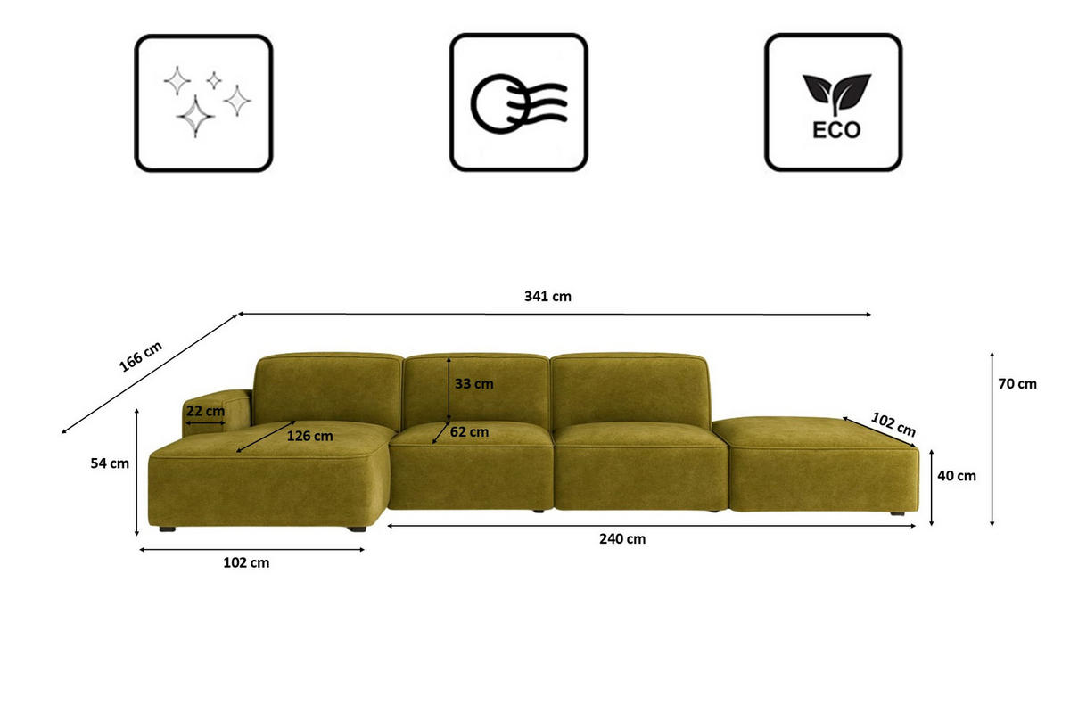 ECKSOFA Cursal L-Form, Stoff Salvador, Olive + Hocker, Links - Olivgrün, Holz (341/166cm) - Kaiser Möbel