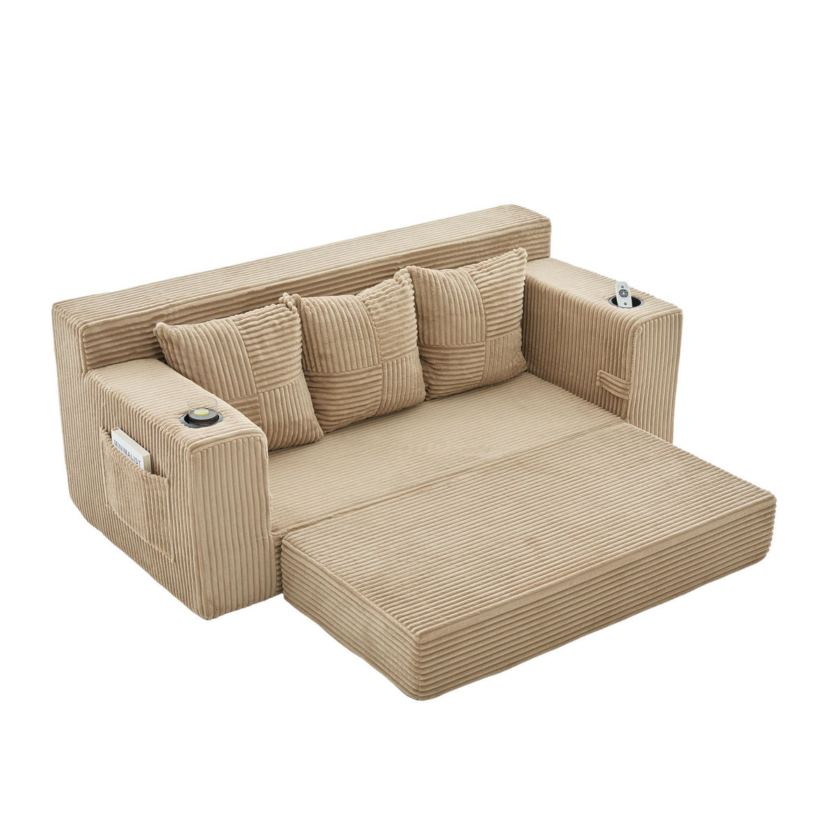 SCHLAFSOFA Modular mit Getränkehaltern und Seitentaschen, DE-42913, Khaki - Sandfarben, Textil (172/64/87cm) - ComfortXL