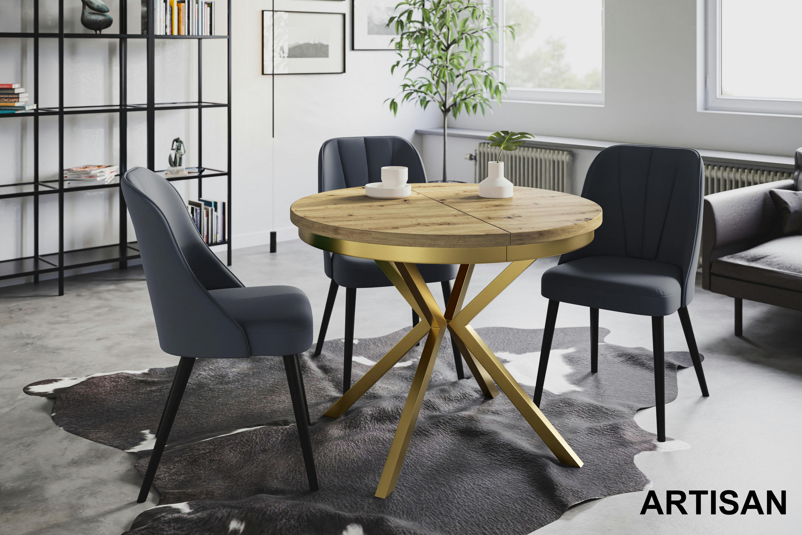 ESSZIMMERTISCH BERGO, ausziehbarer Tisch 120 cm/200 cm, Farbe: Mattbraun, mit Metallbeinen in Farbe Gold - Hellbraun/Goldfarben, Holzwerkstoff (120/120/76cm) - Alpi-Möbel