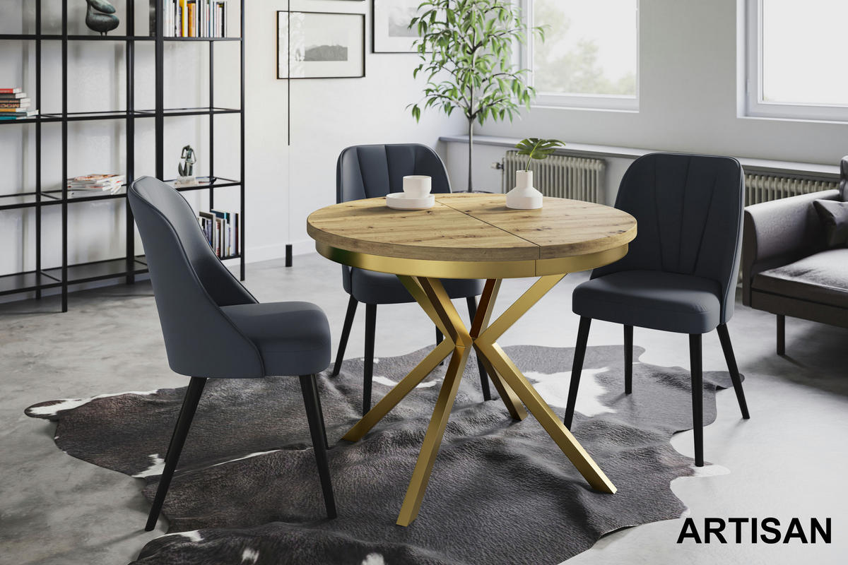 ESSZIMMERTISCH BERGO, ausziehbarer Tisch 90 cm/170 cm, Farbe: Mattbraun, mit Metallbeinen in Farbe Gold - Hellbraun/Goldfarben, Holzwerkstoff (90/90/76cm) - Alpi-Möbel