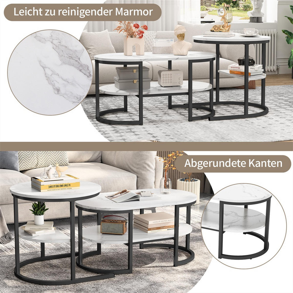 COUCHTISCH 2er-Set - Ovaler und Runder Couchtisch in Marmoroptik mit Ablage - Weiß und Schwarz - Schwarz, Holzwerkstoff (46/80/41cm) - DELFA
