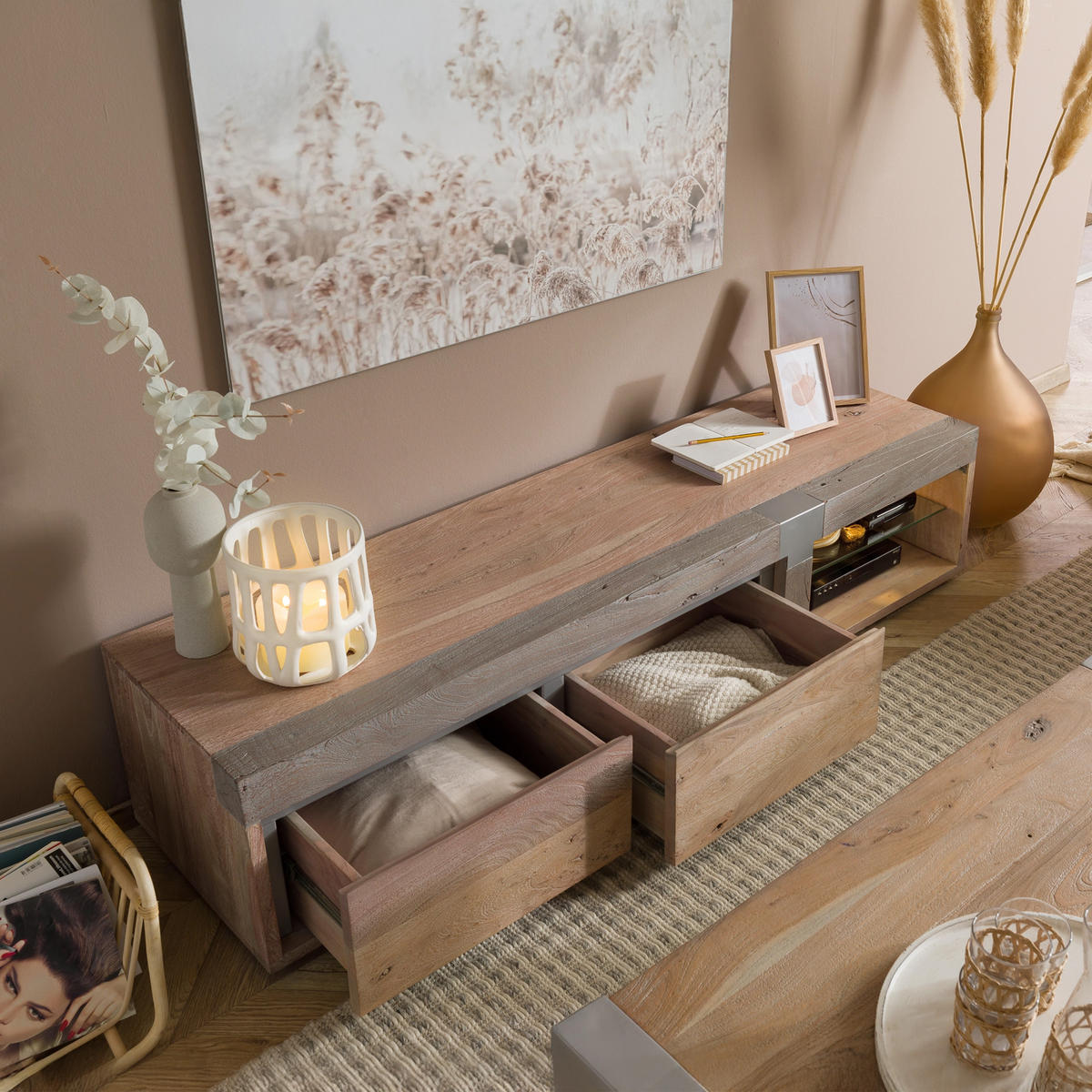 TV-BOARD Akazie 180x48x39 beige lackiert Amsterdam #101 - Beige, Holz (180/39/48cm) - Massivmoebel24