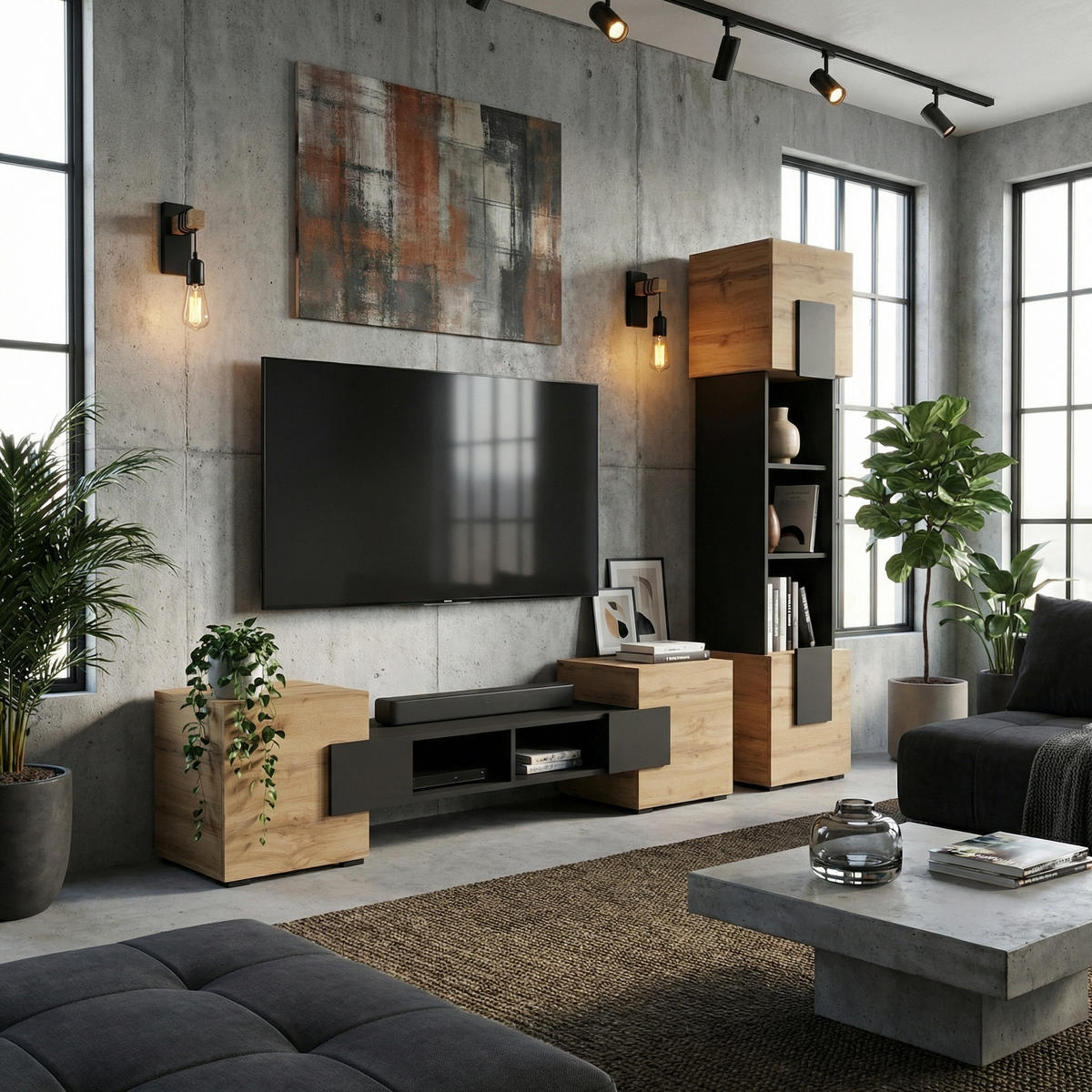 WOHNWAND TORINO Hängend + Stehend, 2-er Set, Mattes Finish, Schwarz + + Eiche Wotan - Eiche Wotan/Schwarz, Holzwerkstoff/Kunststoff (220/172/35cm) - Komodee