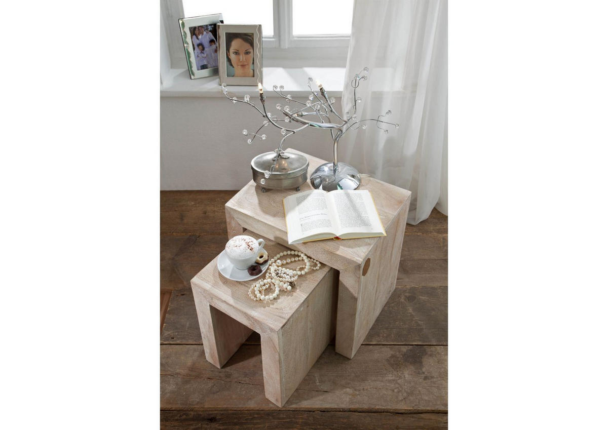 BEISTELLTISCH Akazie 45x35x45 white stone getüncht NATURE WHITE #12 - Beige, Holz (35/45/45cm) - Massivmoebel24