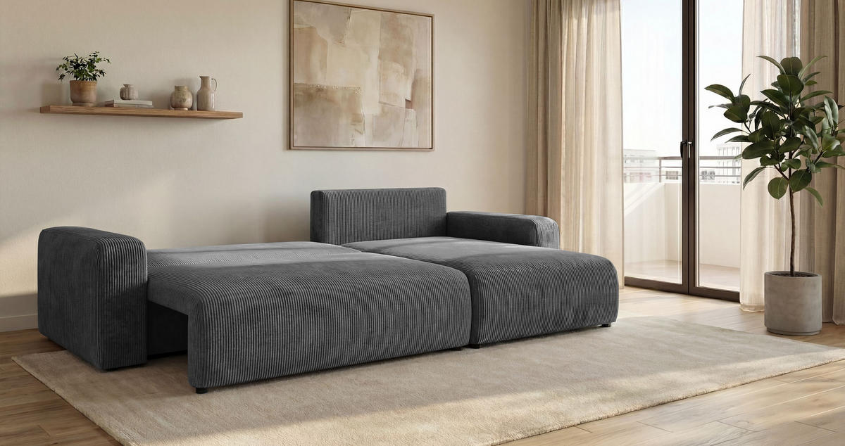ECKSOFA BERLIN rechts dunkelgrau Cord Poso 60 - Schlaffunktion, Bettkasten - Anthrazit, Textil (285/184cm) - Cornero