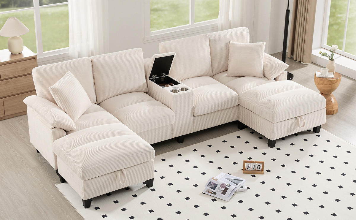 WOHNLANDSCHAFT aus Cord 293x142x93 cm in Beige mit Stauraum & USB-Anschlüssen - Beige, Textil (142/93/293cm) - Modfu