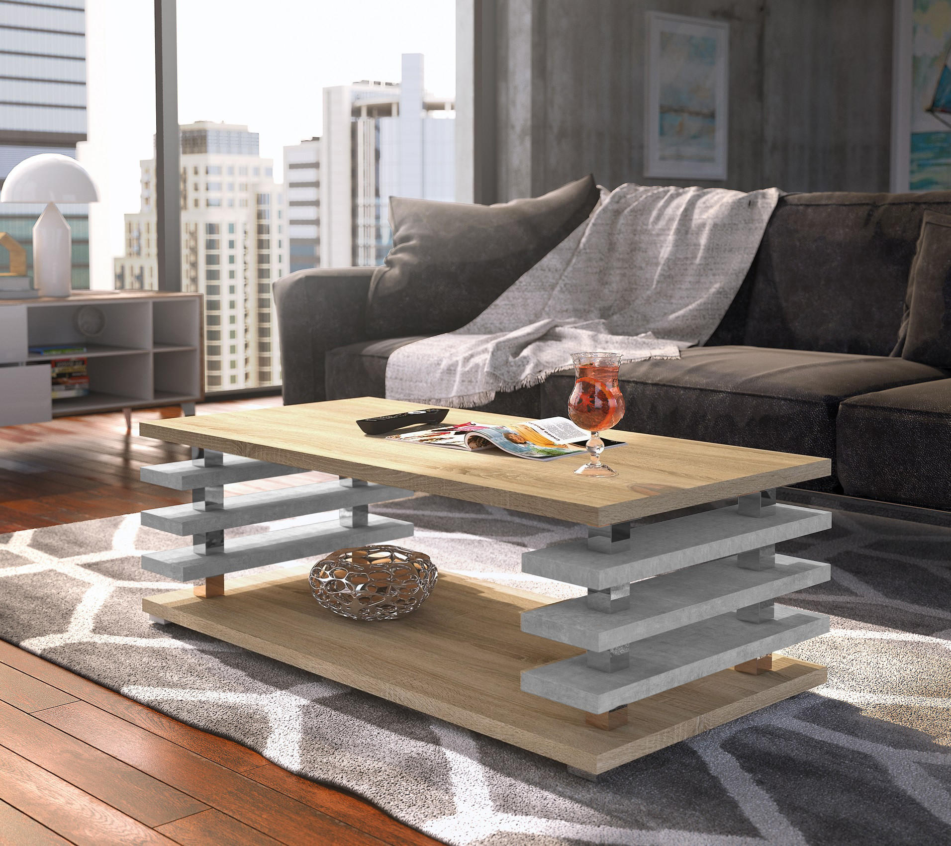 COUCHTISCH rechteckig Sonoma Eiche Beton Ablage 120/40/60 cm - Hellgrau/Sonoma Eiche, Holzwerkstoff (60/120/40cm) - designimpex