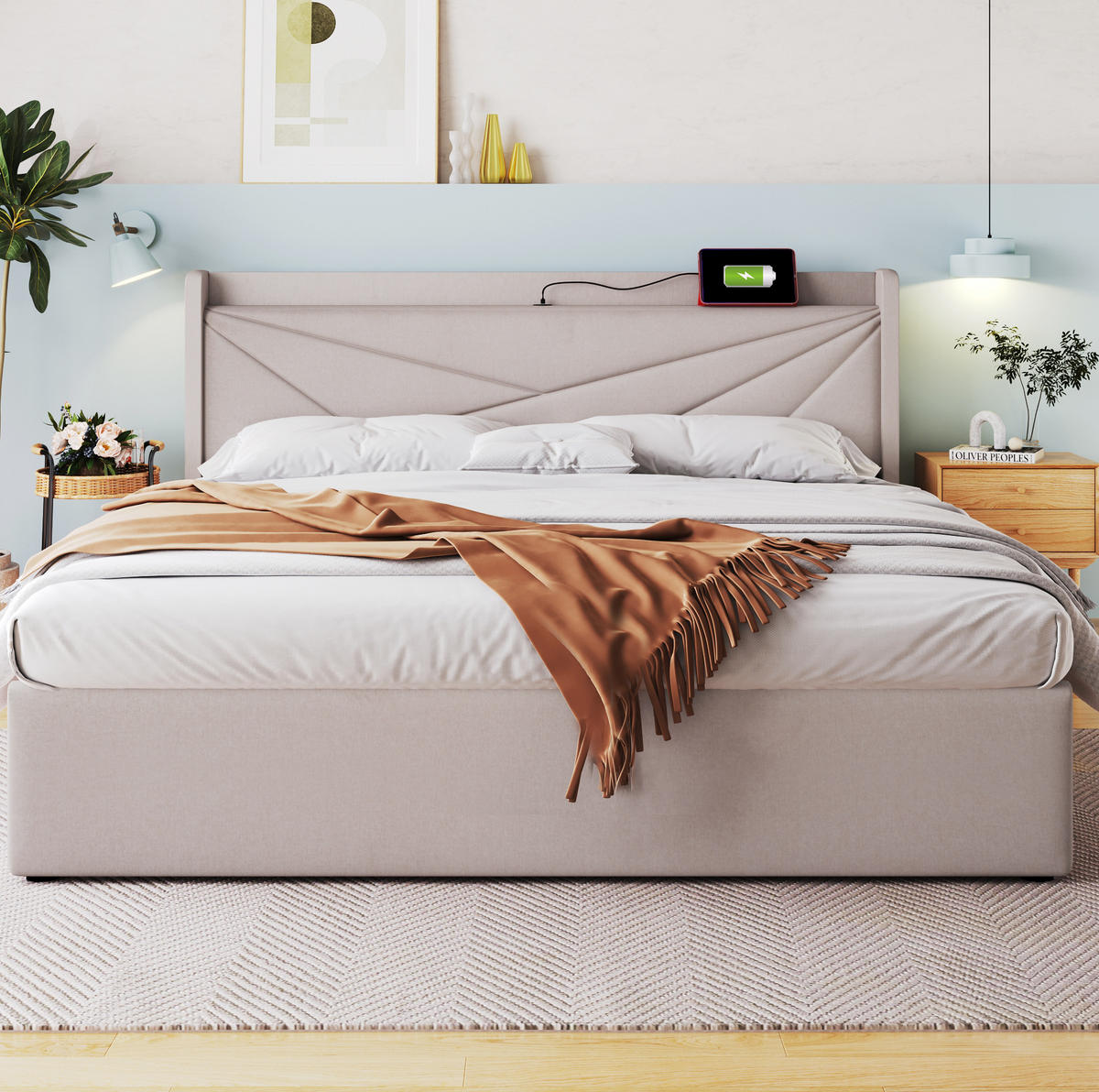POLSTERBETT aus Baumwollleinen 140x200 cm Beige mit Bettkasten, USB-/USB-C-Anschluss und Matratze - Beige, Textil (140/200cm) - IVMEU
