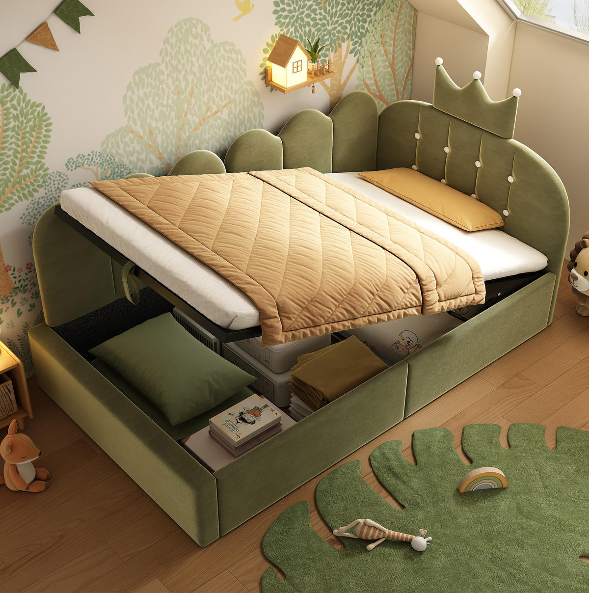KINDERBETT Polsterbett 90/190 cm aus Samt mit Stauraum und Kronendesign Grün - Grün, Textil (90/190cm) - Modenvie