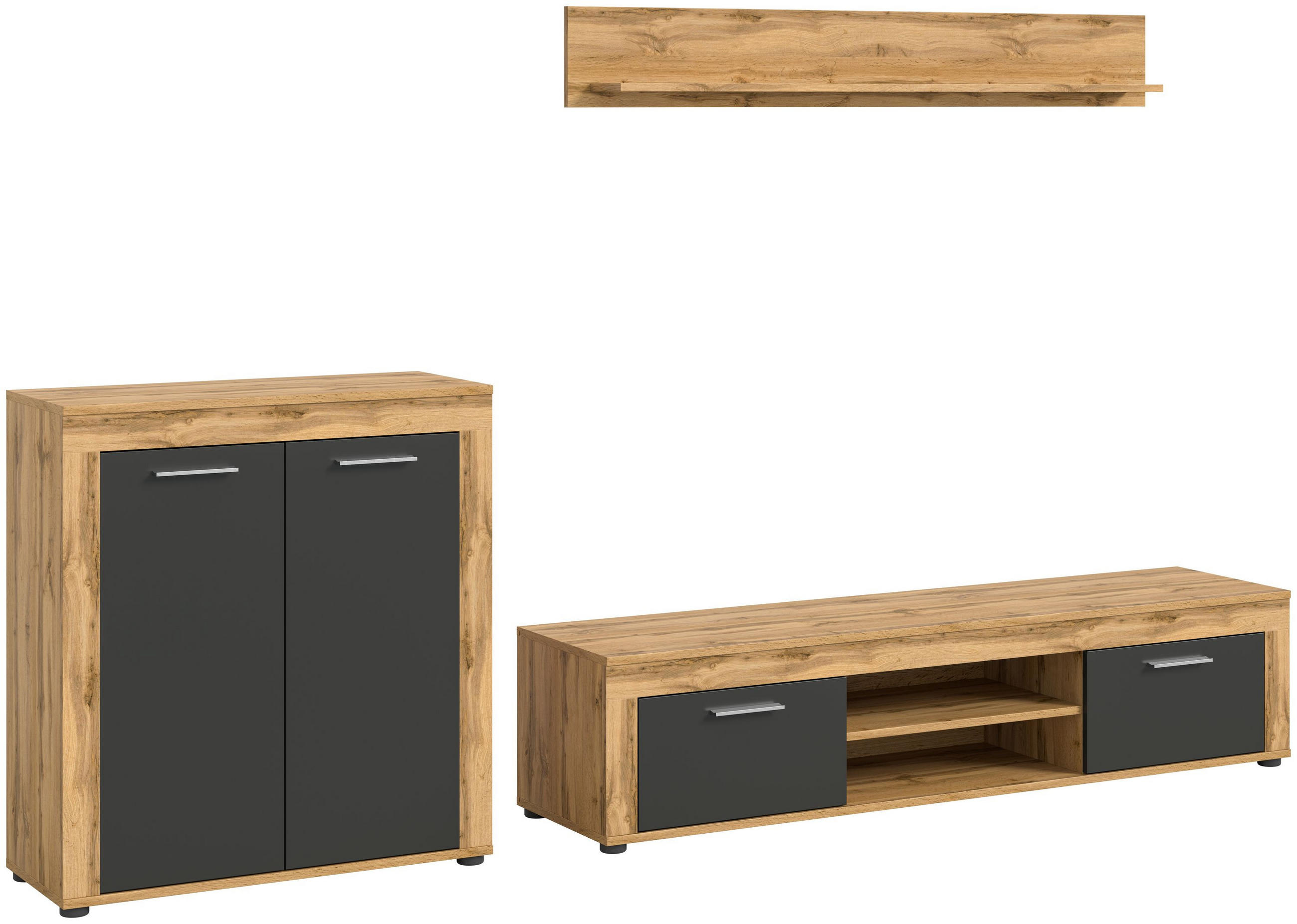 WOHNWAND Milo 3 tlg. (B/H/T: ca. 255/159/40 cm) in Wotan Eiche /grau - Eiche Wotan, Holzwerkstoff (255/159/40cm)