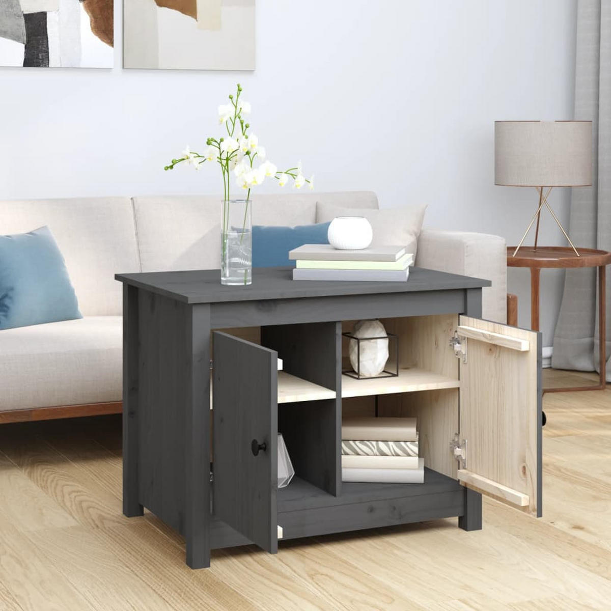 COUCHTISCH Grau 71x49x55 cm Massivholz Kiefer - Grau, Holz (71/49/55cm) - furnicato