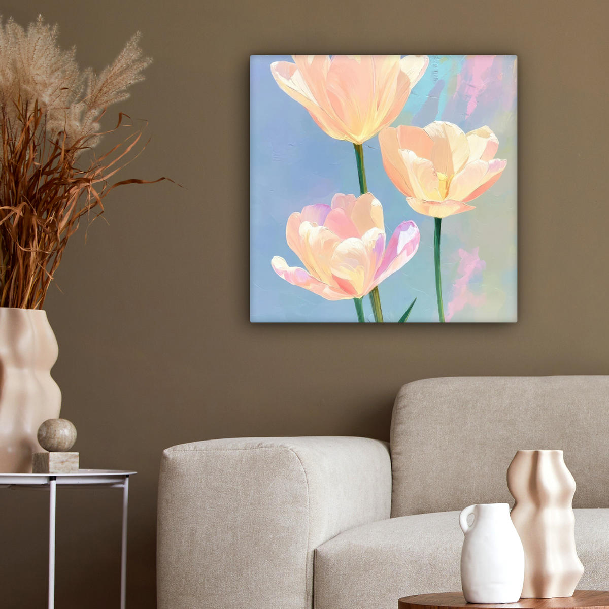 LEINWANDBILD Tulpen - Rosa Akzente - Blau Wandbild Wohnzimmer 50x50 cm - Pastellblau, Textil (50/50cm) - MuchoWow