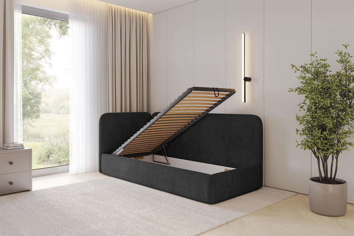 EINZELLBETT Jugendbett mit Bettkasten und Matratze H3/H4, Rechts - ELSY 80x200 Schwarz - Anthrazit, Holzwerkstoff/Textil (80/200cm) - ALTDECOR
