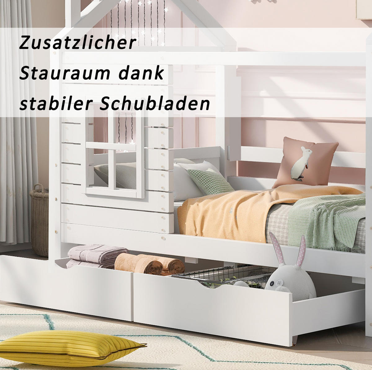 KINDERBETT 80/160 cm Weiß aus Kiefer massiv mit Bettkästen und Fensterdesign - Weiß, Holzwerkstoff (80/160cm) - Flora Grace