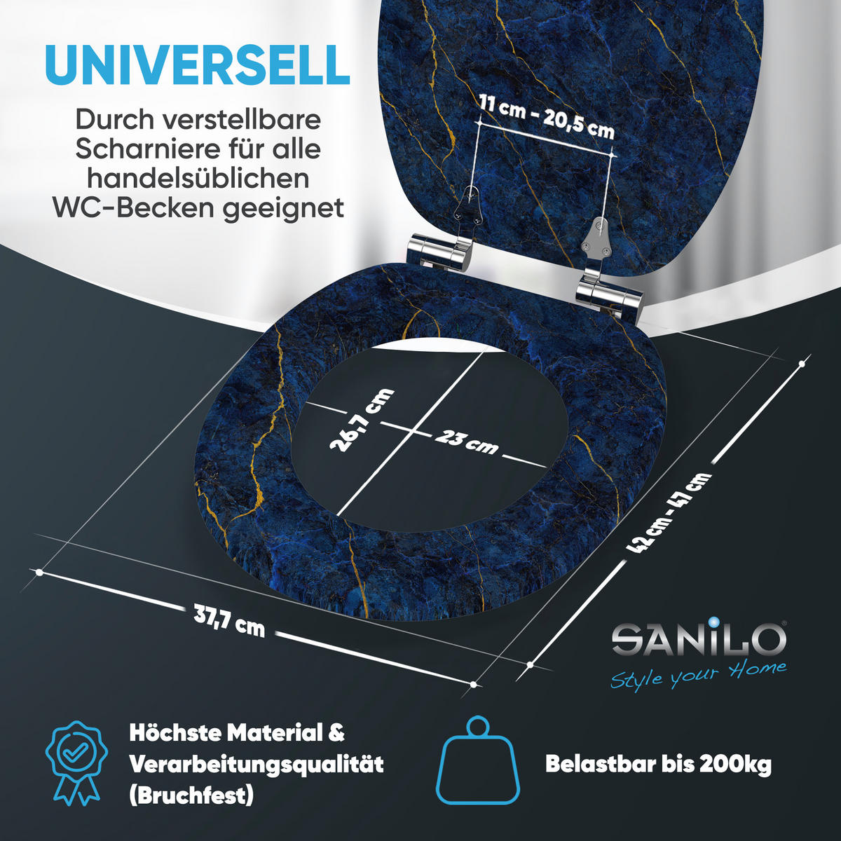 WC Sitz Absenkautomatik Marmor Darkblue - Blau, Holzwerkstoff (38/6/47cm) - Sanilo